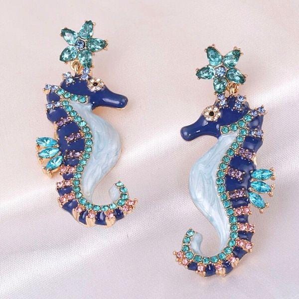 Playful Shimmering Blue CZ Sea Horse Earrings - Ella Moore