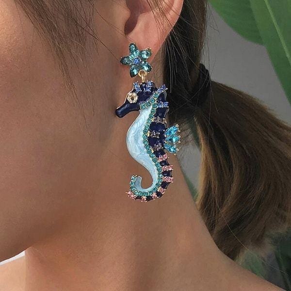 Playful Shimmering Blue CZ Sea Horse Earrings - Ella Moore