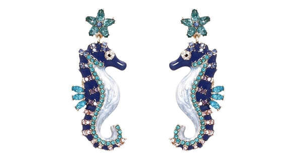 Playful Shimmering Blue CZ Sea Horse Earrings - Ella Moore