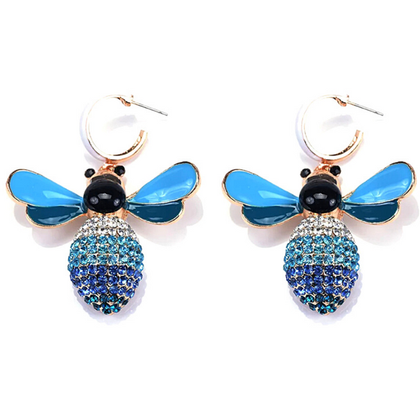 Blue Enamel Rhinestone-Dangling Bee Earrings - Ella Moore