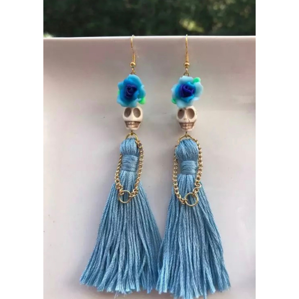 Blue Flower Lady Handmade Tassel Skeleton Skull Earrings - Ella Moore