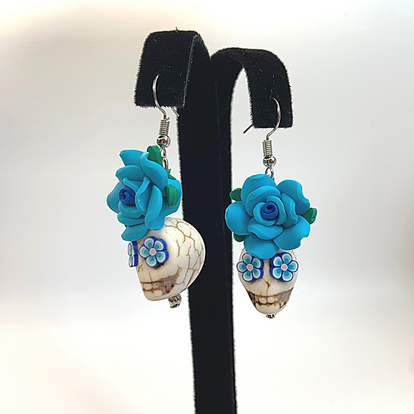Blue Handmade Flower Skull Earrings - Ella Moore