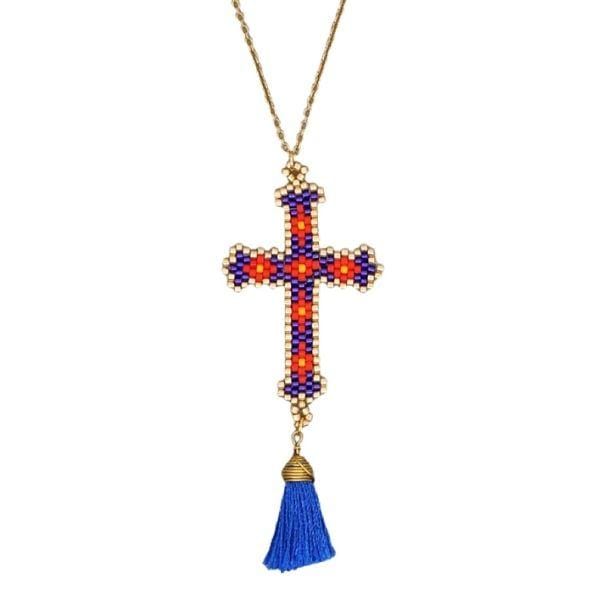 Blue-Bohemian Hand-made Mikyuki Seed Bead Gold Cross Necklace - Ella Moore