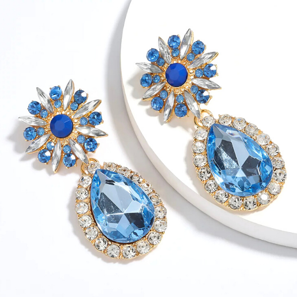 Blue Large Bold Glamorous Colorful Rhinestone Teardrop Earrings - Ella Moore