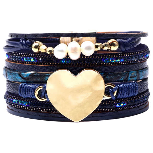 Blue Radiant Crystal, Pearl & Heart Leather Charm Bracelet - Ella Moore
