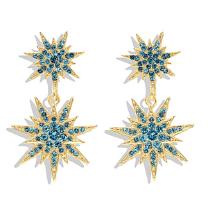 Blue Radiant Rhinestone Double Snowflake Star Dangling Earrings - Ella Moore