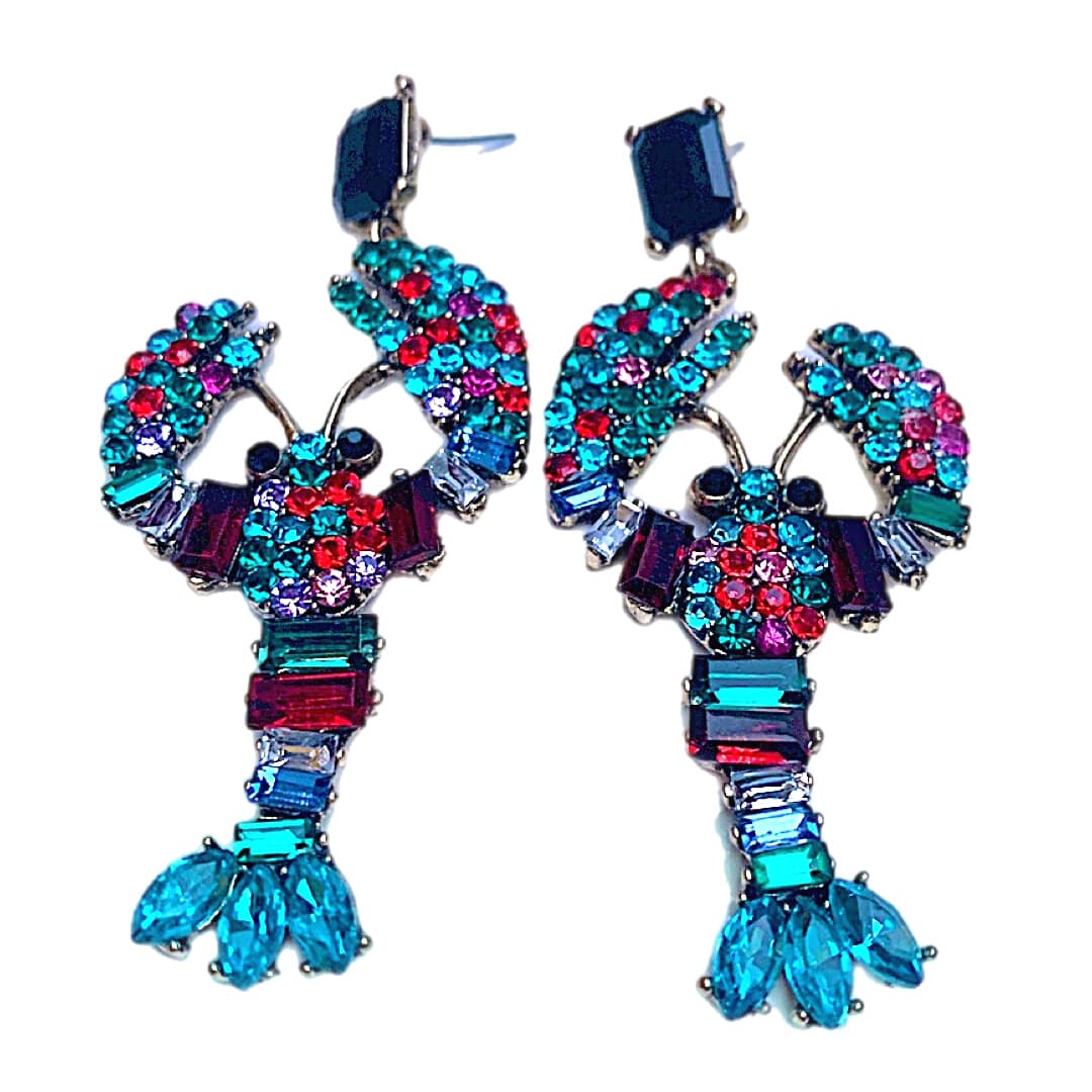Blue Red Lobster Gold Dangling Earrings - Ella Moore