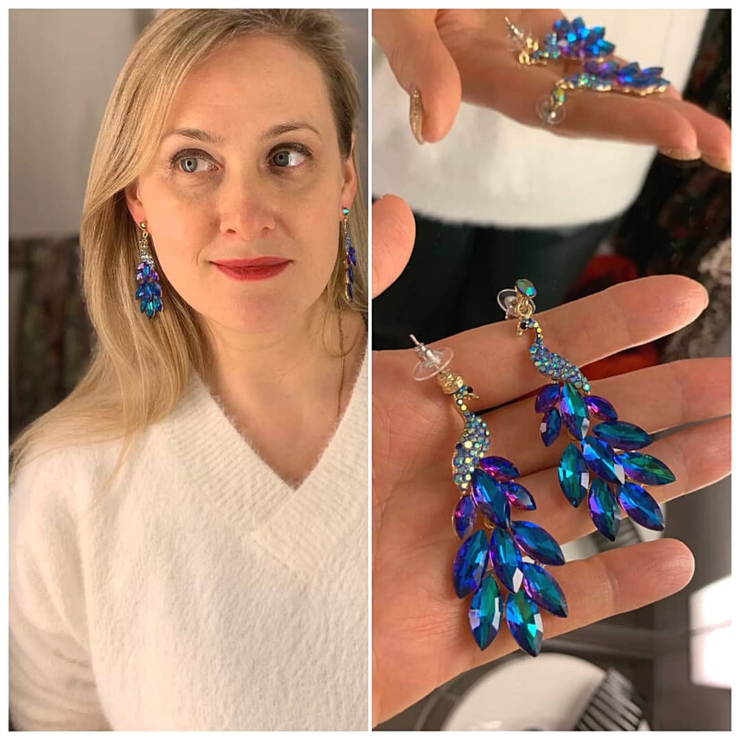 Blue Luxurious Rhinestone Peacock Earrings - Ella Moore