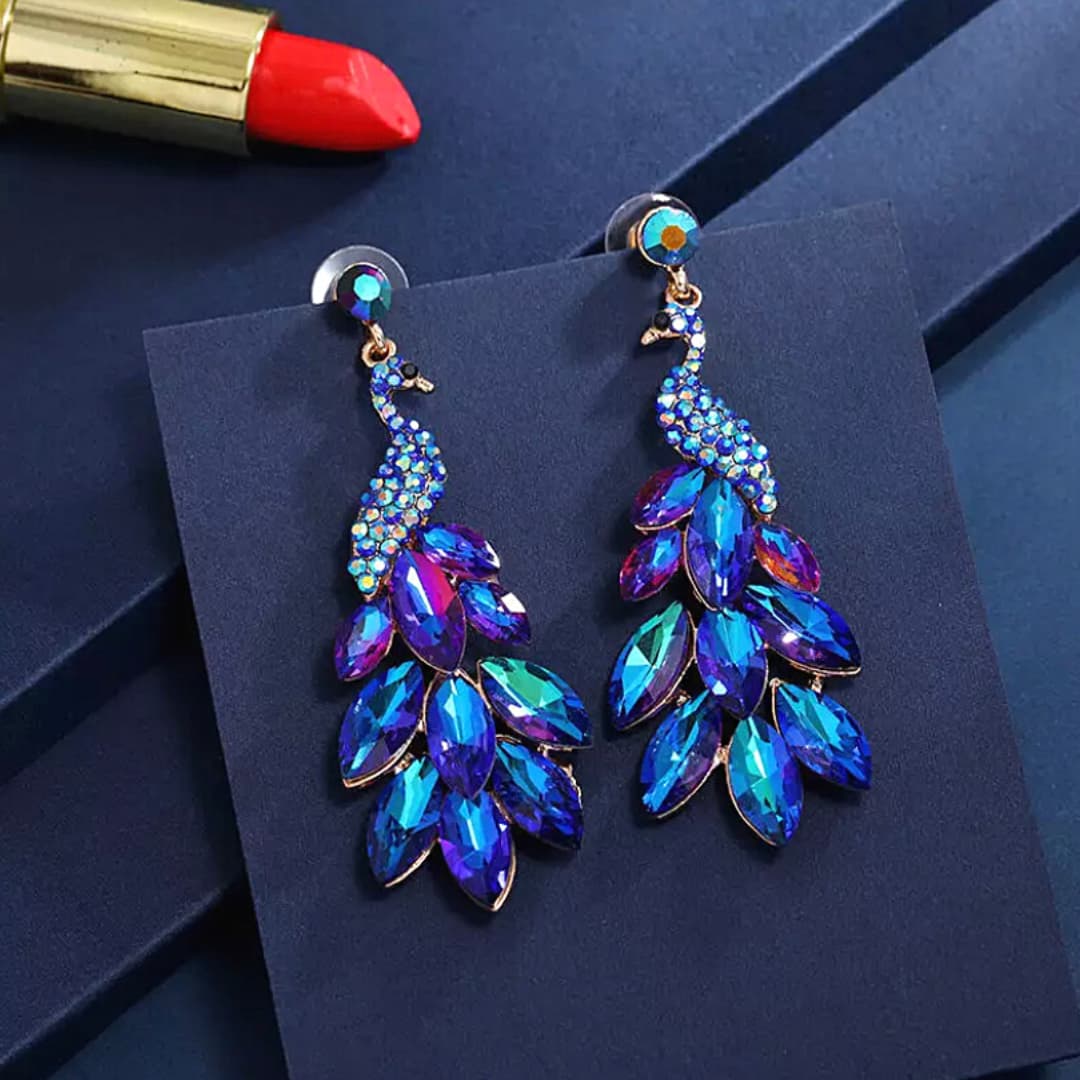 Blue Luxurious Rhinestone Peacock Earrings - Ella Moore