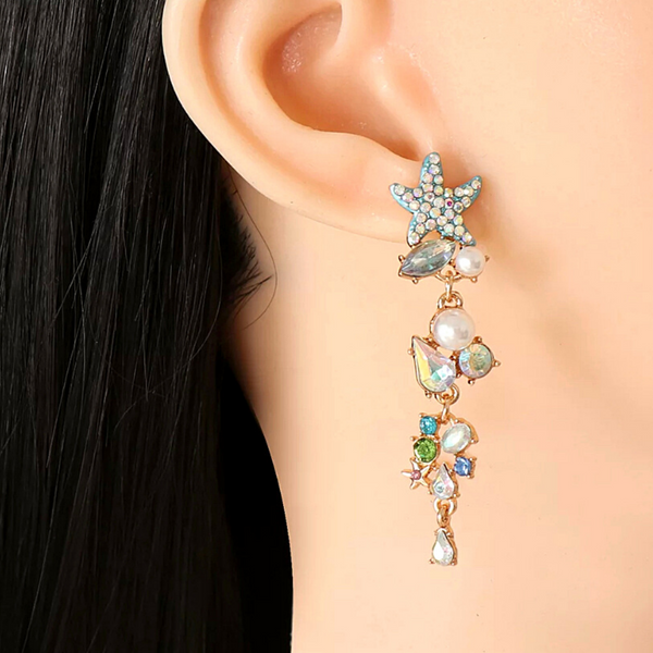 Blue Glistening Rhinestone Pearl Starfish Dangle Gold Earrings - Ella Moore