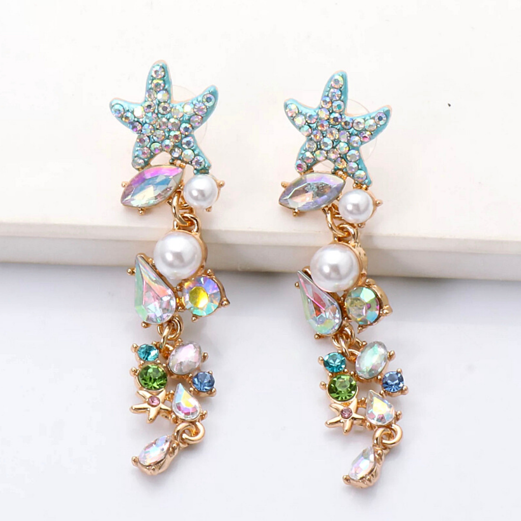 Blue Glistening Rhinestone Pearl Starfish Dangle Gold Earrings - Ella Moore