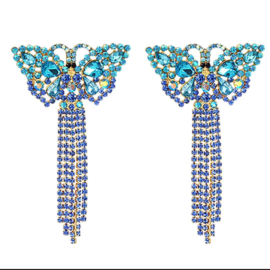 Bold Vibrant BLUE Rhinestone Tassel Butterfly Gold Earrings - Ella Moore