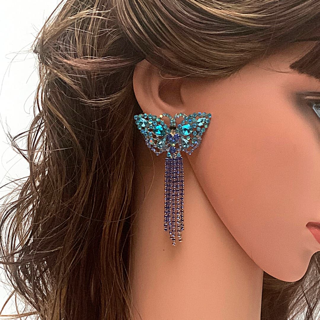 Bold Vibrant BLUE Rhinestone Tassel Butterfly Gold Earrings - Ella Moore