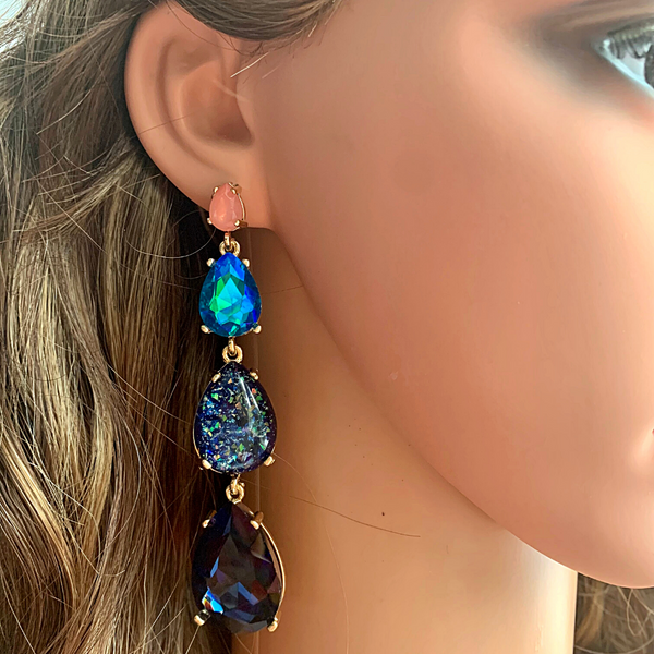 Blue Shimmering Rhinestone Waterdrop Teardrop Long Dangle Earrings - Ella Moore