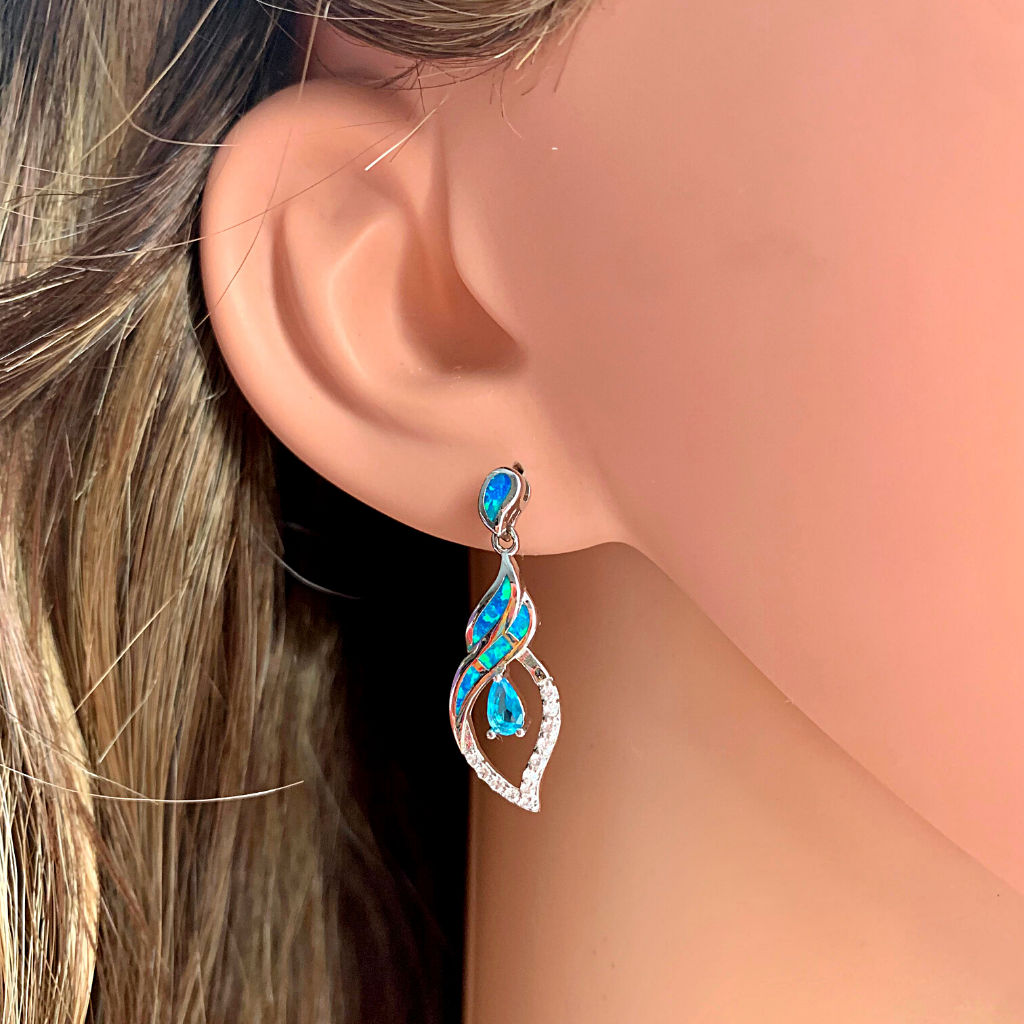 Blue Dreamy Sterling Silver Teardrop Dangle Opal Earrings - Ella Moore