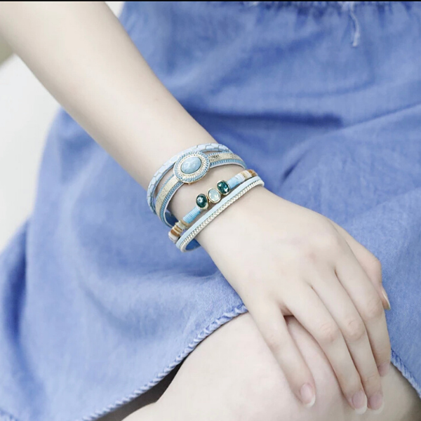 Eclectic Bohemian Turquoise & Crystal Wide Leather Bracelet for Women - Ella Moore