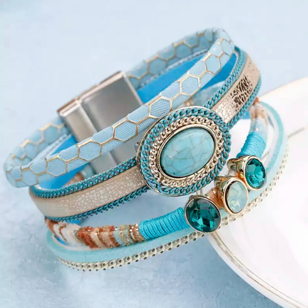 Eclectic Bohemian Turquoise & Crystal Wide Leather Bracelet for Women - Ella Moore Ella Moore