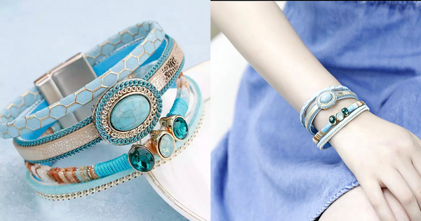 Eclectic Bohemian Turquoise & Crystal Wide Leather Bracelet for Women - Ella Moore Ella Moore