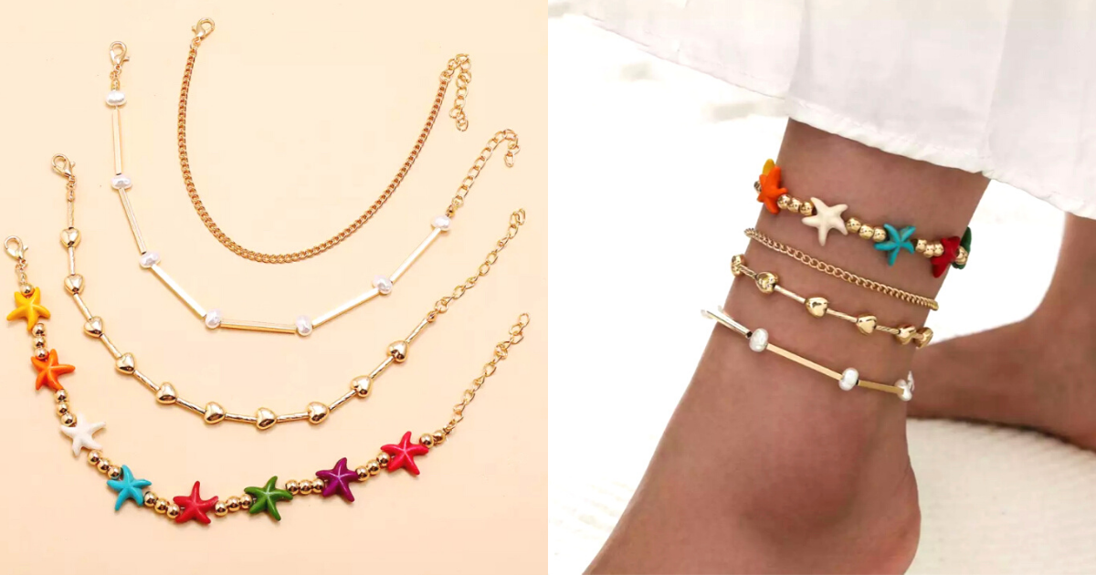 Boho style Starfish & Gold Chain 4 piece Ankle Bracelet for Women