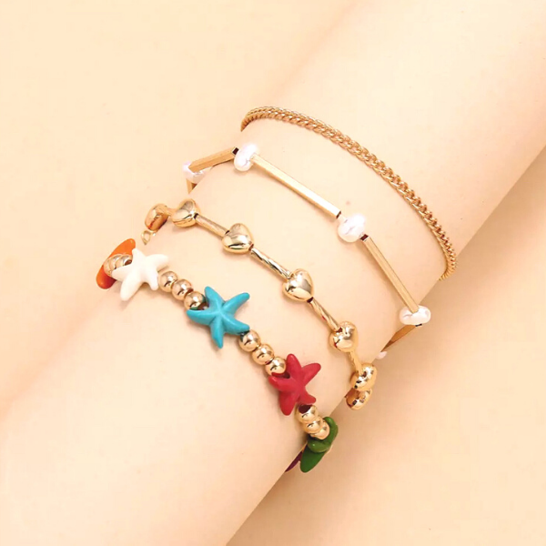 Boho style Starfish & Gold Chain 4 piece Ankle Bracelet for Women
