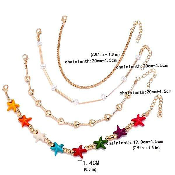 Boho style Starfish & Gold Chain 4 piece Ankle Bracelet for Women