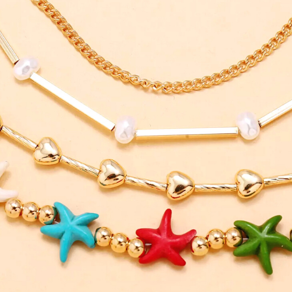 Boho style Starfish & Gold Chain 4 piece Ankle Bracelet for Women