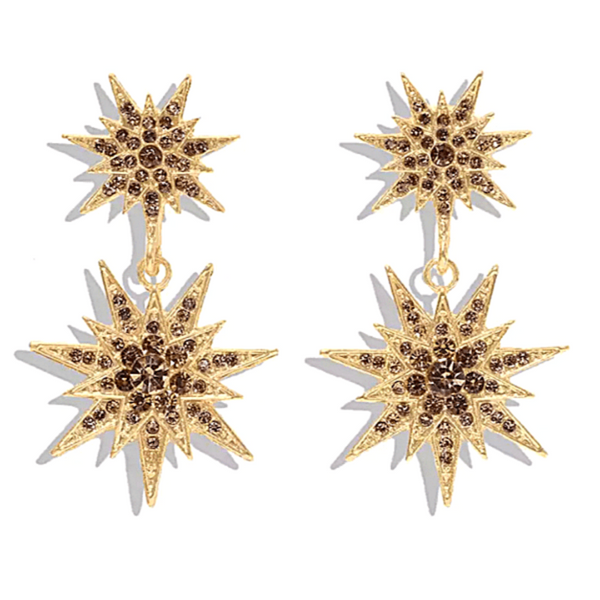 Brown Radiant Rhinestone Double Snowflake Star Dangling Earrings - Ella Moore