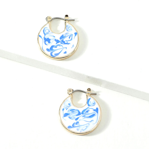 Classic Blue and White Porcelain Women Gold Hoop Earrings