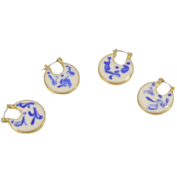 Classic Blue and White Porcelain Women Gold Hoop Earrings