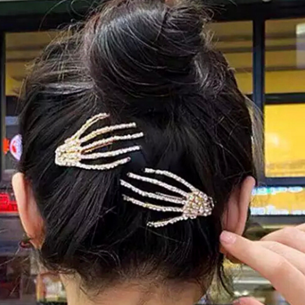 Clear  Nails Shimmering Rhinestone Skeleton Hand Hairclips - Ella Moore