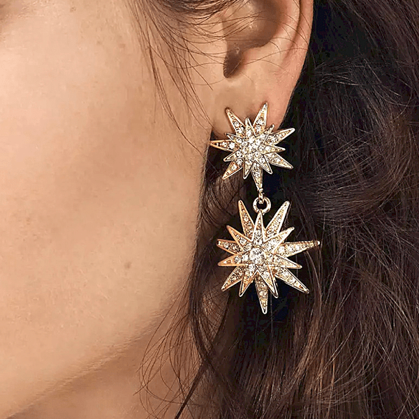 White Clear Radiant Rhinestone Double Snowflake Star Dangling Earrings - Ella Moore