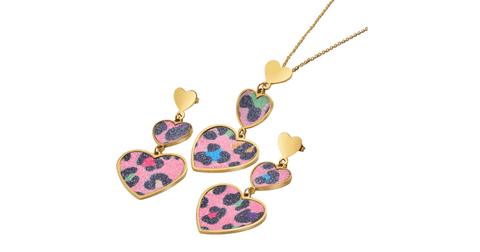 Colorful Pink Leopard Gold Heart Pendant Necklace & Earrings Set - Ella Moore