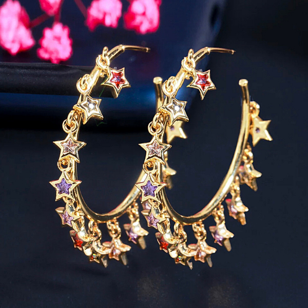 Colorful Dangling CZ Star Gold Hoop Earrings - Ella Moore