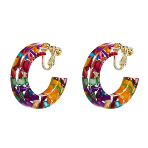 Kaleidoscopic Colorful Pebble Resin C-Shape Clip On Hoop Earrings - Ella Moore