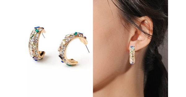 Radiant Colorful Rhinestone Gold Hoop Earrings