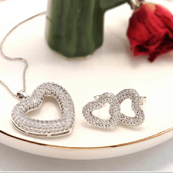 cubic zirconia CZ Rhodium Heart Earring and Necklace- Ella Moore