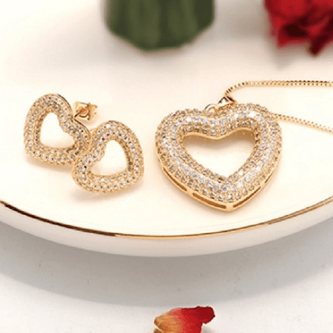Cubic Zirconia CZ Gold Heart Earrings and Necklace - Ella Moore