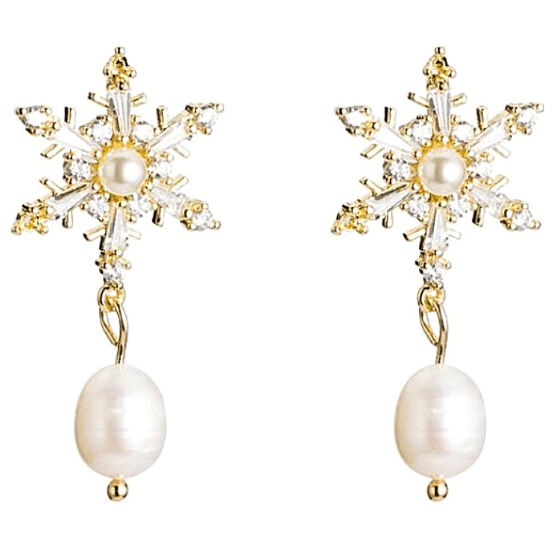 Elegant Snowflake Star CZ & Baroque Freshwater Pearl Dangle Earrings - Ella Moore