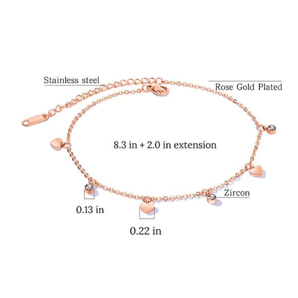 Romantic Dazzling CZ & Heart Rose Gold Charm Ankle Bracelet -Ella Moore