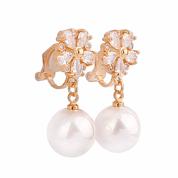 Gold  Chic CZ and Pearl Star Flower Women Clip On Earrings - Ella Moore