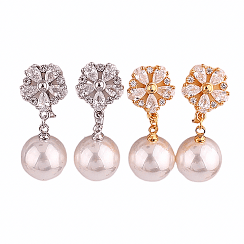 Silver and Gold Chic CZ and Pearl Star Flower Women Clip On Earrings - Ella Moore