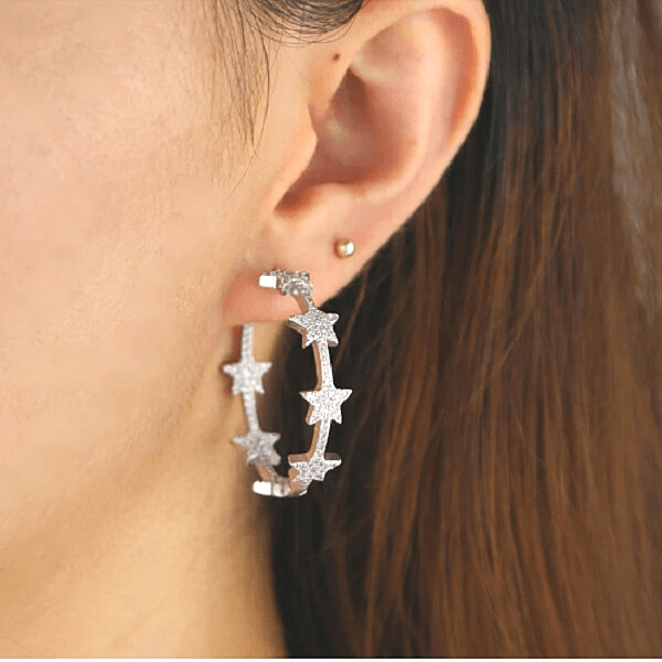CZ cubic zirconia rhinestone Sparkle Silver Star Hoop Earrings - Ella Moore