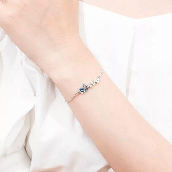 Dainty Blue Austrian Crystal Butterfly Sterling Silver Bracelet - Ella Moore