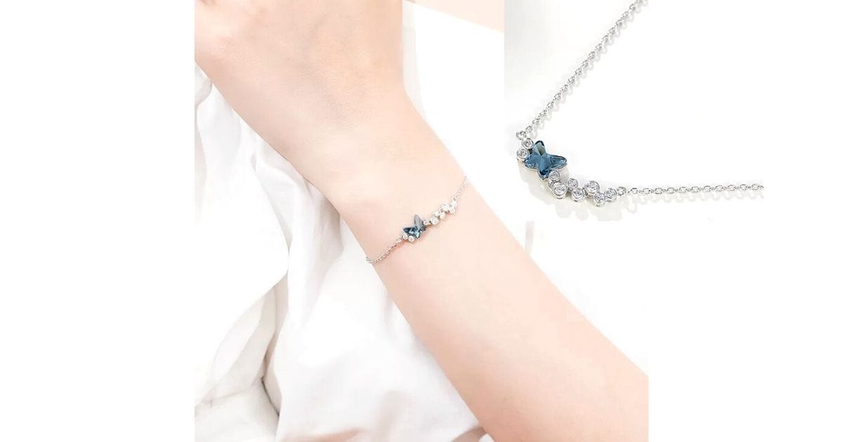 Dainty Blue Austrian Crystal Butterfly Sterling Silver Bracelet - Ella Moore