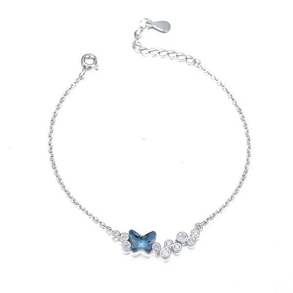 Dainty Blue Austrian Crystal Butterfly Sterling Silver Bracelet - Ella Moore