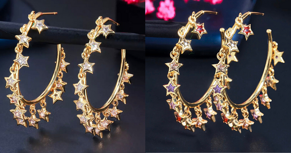 Clear & Colorful Dangling CZ Star Gold Hoop Earrings - Ella Moore