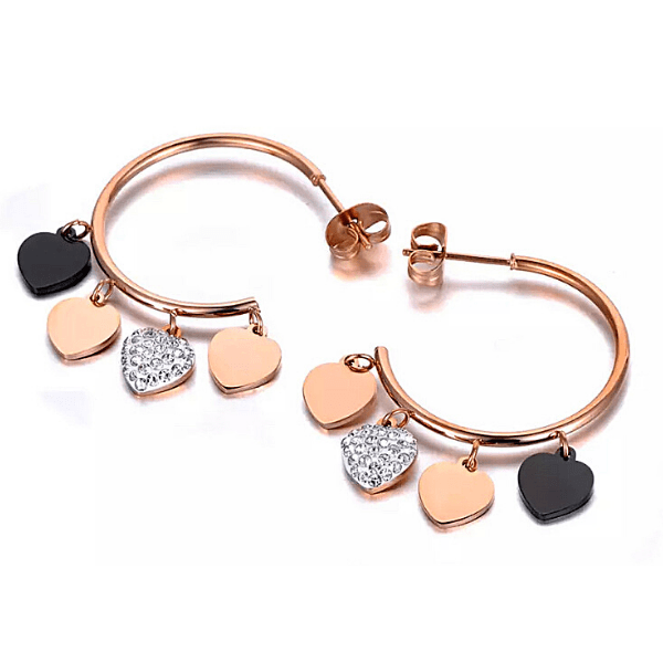 Sexy CZ Dangling Hearts Rose Gold Hoop Earrings - Ella Moore