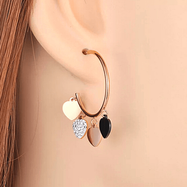 Sexy CZ Dangling Hearts Rose Gold Hoop Earrings - Ella Moore