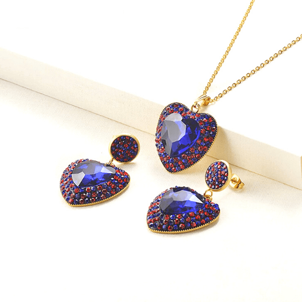 Dark Blue & Red  Brilliant Colorful CZ & Gold Heart Pendant Necklace & Earrings Set - Ella Moore