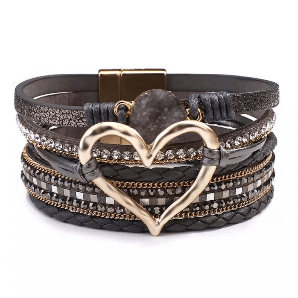 Shimmering Braided Leather Open Heart Charm Bracelet